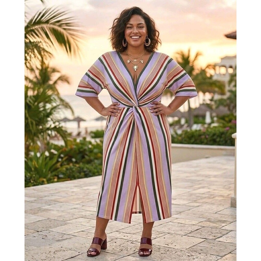 NWT ELOQUII Plus Size 18 Multi-Color Striped Twist Front Midi Dress V-Neck